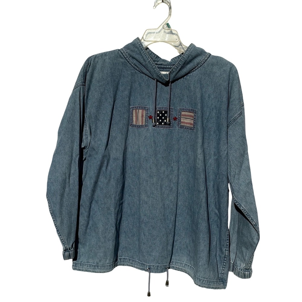CJ Banks Womens 1X Denim Hoodie Americana Stars Stripes Blue Cotton Pullover